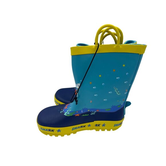 Toddler Shark Design Rubber Rain Boots Size 13 Waterproof Durable Blue / Yellow - Picture 3 of 6